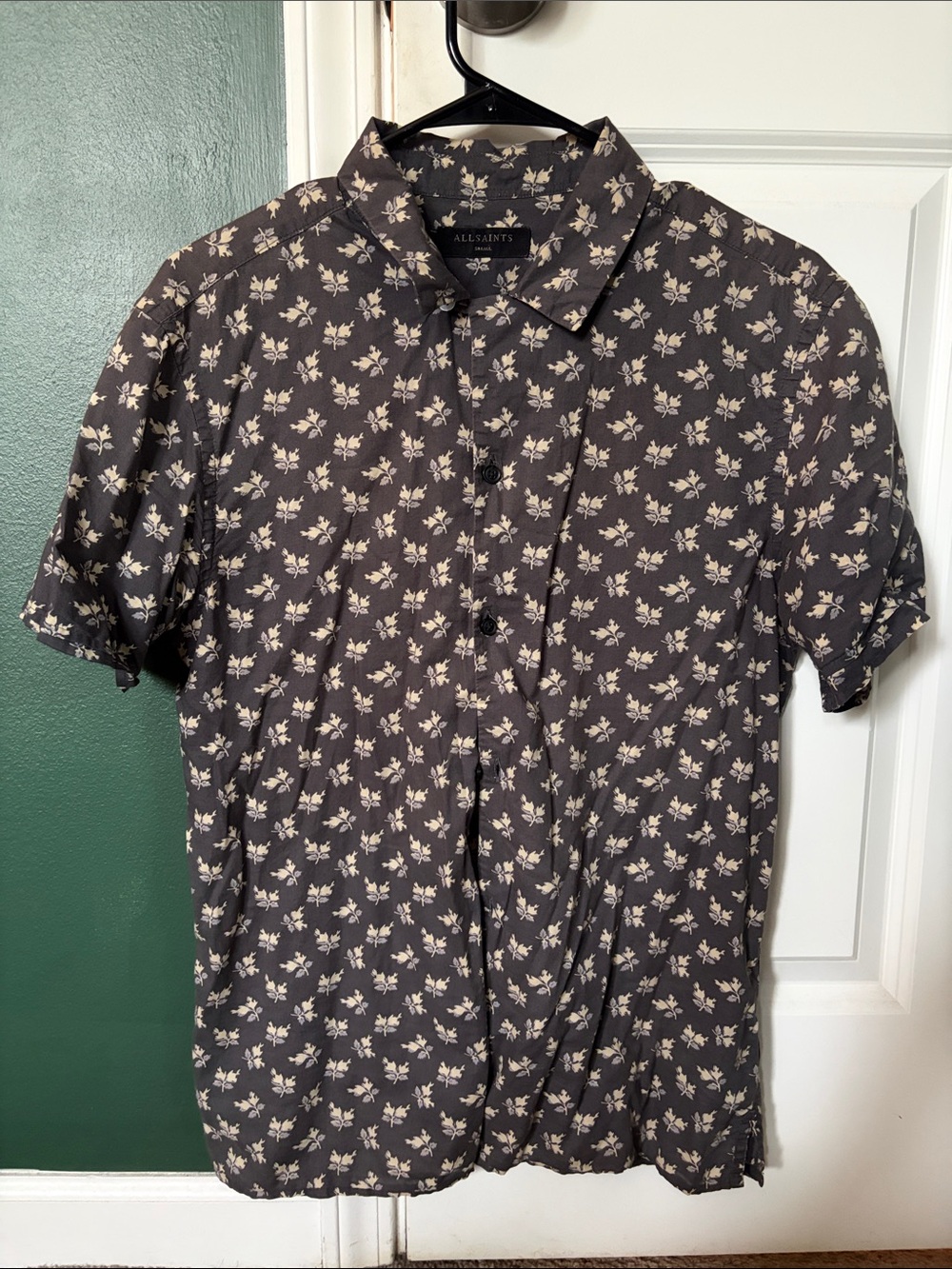 All Saints Men's Charcoal Button-Down Shirt with Cream Floral Print